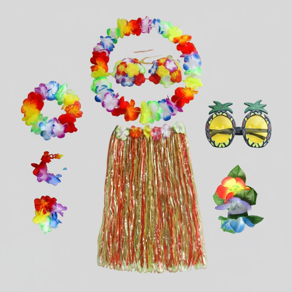 Girls' Halloween Group of Four Hula Skirt Costume Set with Grass Flower Lei Headband and Wristbands