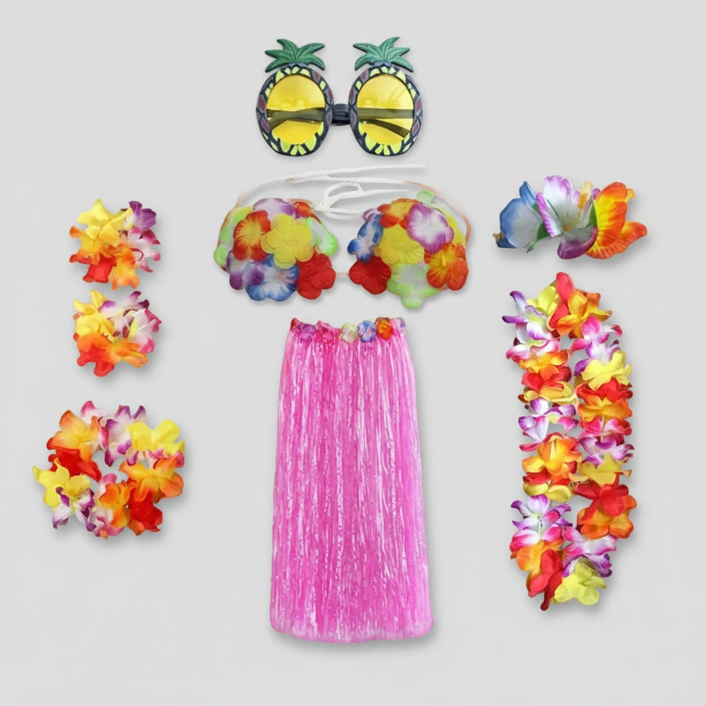 Girls' Halloween Group of Four Hula Skirt Costume Set with Grass Flower Lei Headband and Wristbands