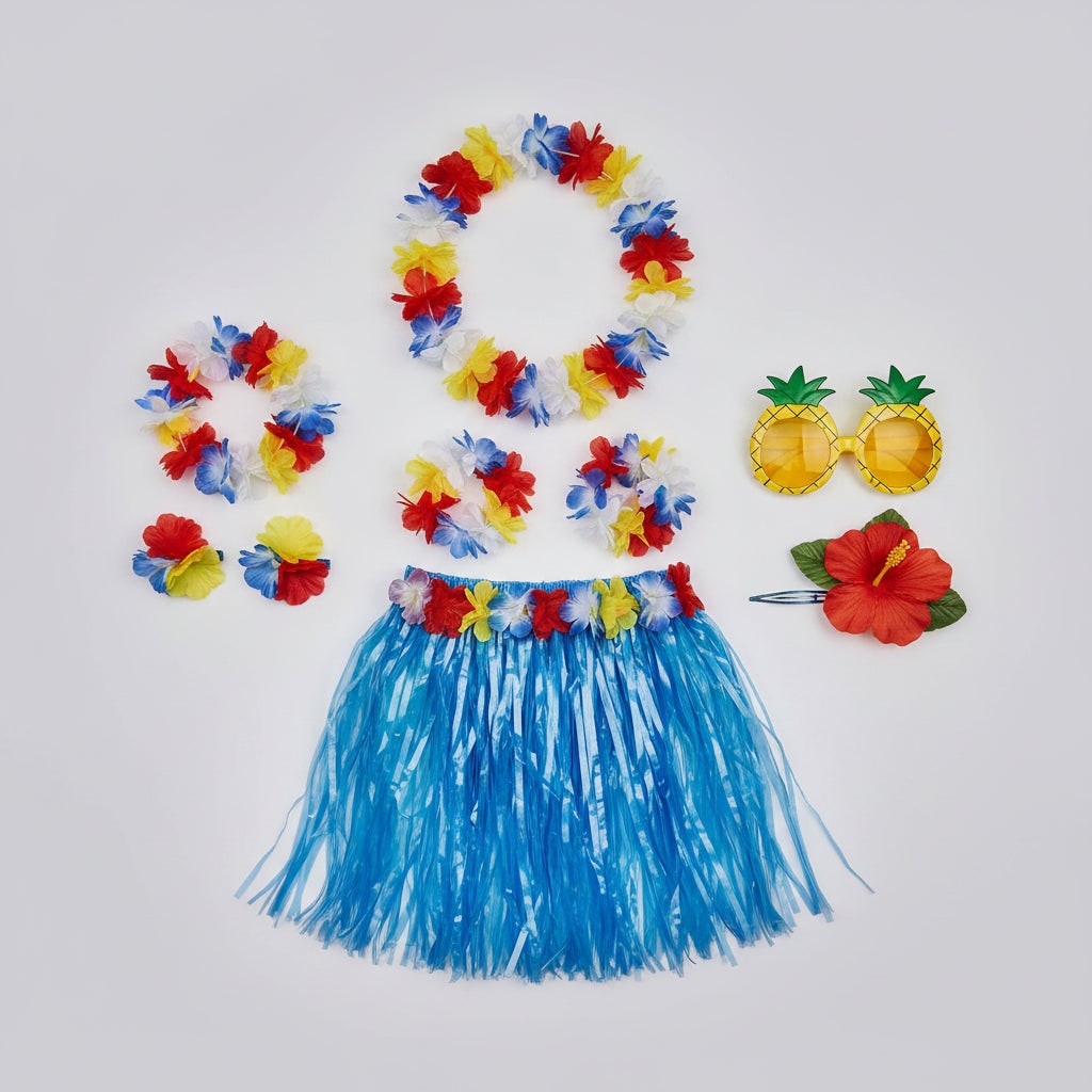 Girls' Halloween Group of Four Hula Skirt Costume Set with Grass Flower Lei Headband and Wristbands