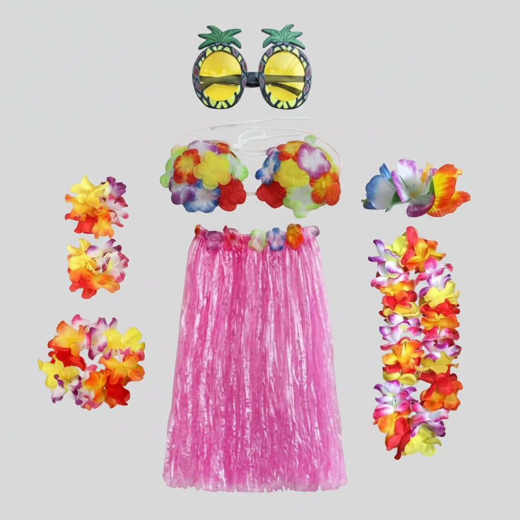 Girls' Halloween Group of Four Hula Skirt Costume Set with Grass Flower Lei Headband and Wristbands
