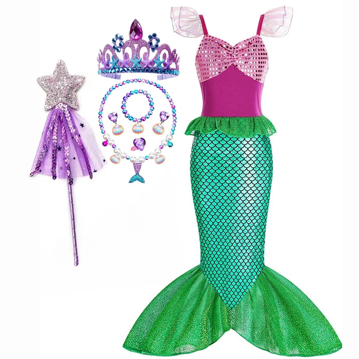 Girls' Halloween Mermaid Costume Outfit with Accessories for Dress-Up Party Ariel