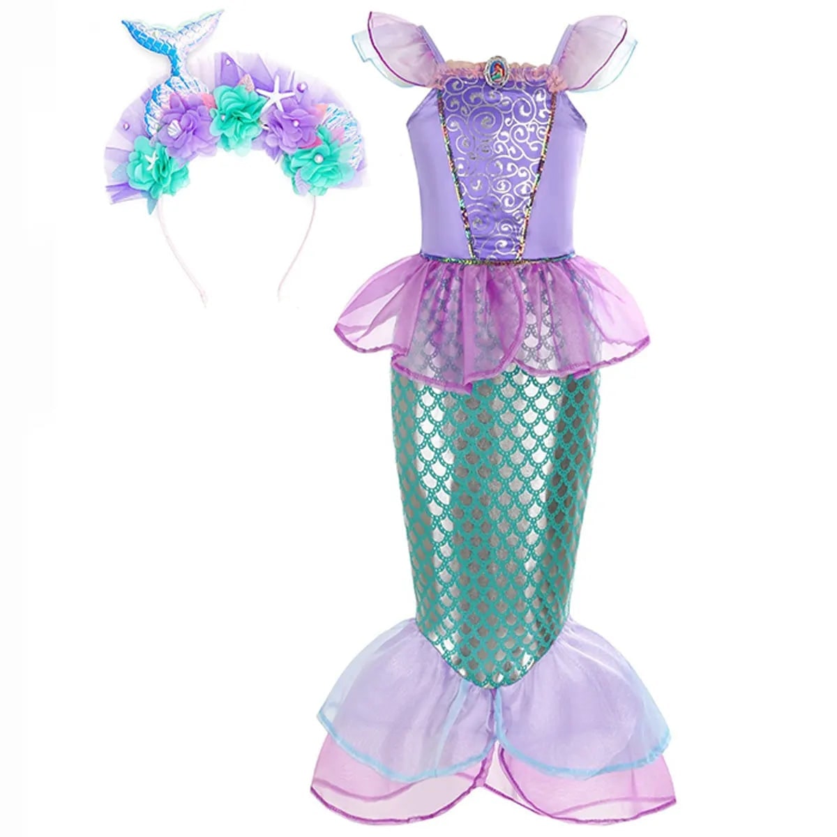 Girls' Halloween Mermaid Costume Outfit with Accessories for Dress-Up Party Ariel