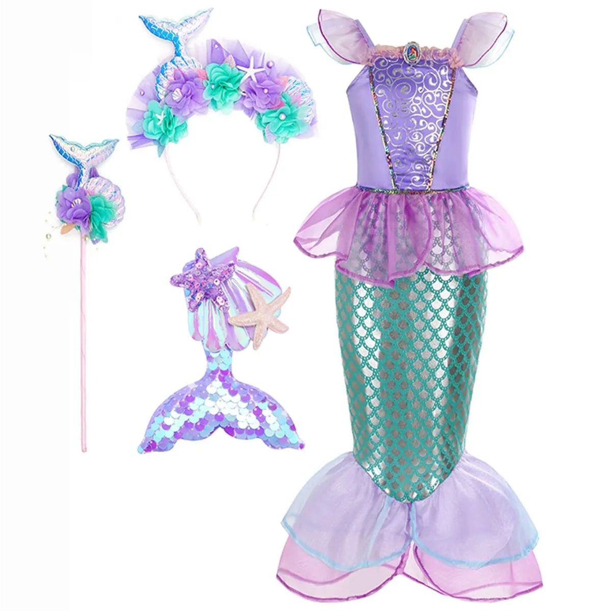 Girls' Halloween Mermaid Costume Outfit with Accessories for Dress-Up Party Ariel