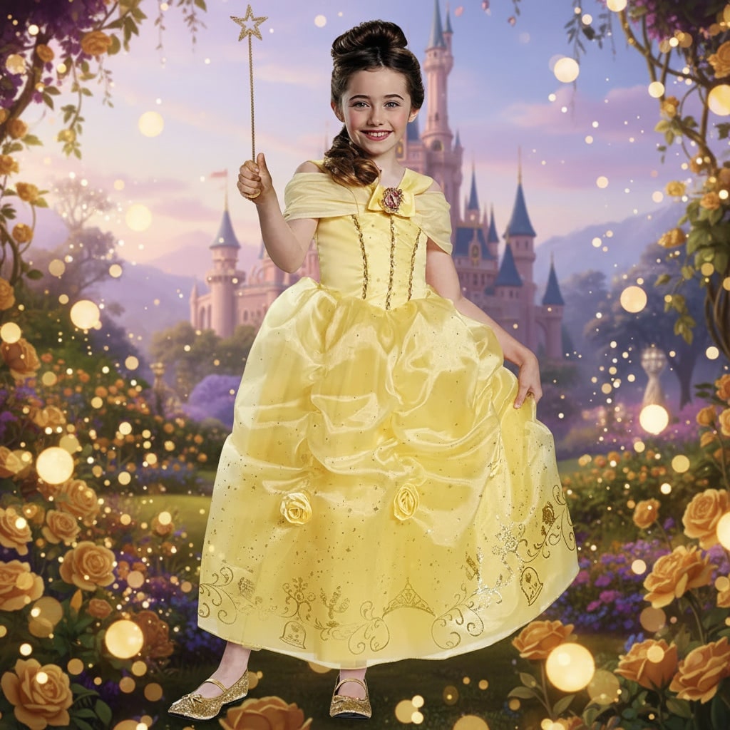 Girls' Halloween Princess Costume Dress with Gold Sequin Bodice and Star Wand