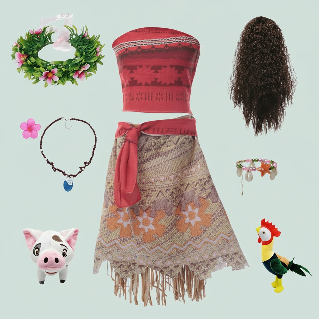 Girls' Halloween Island Princess Costume Two-Piece Set with Wig Flower Crown and Fringe Skirt