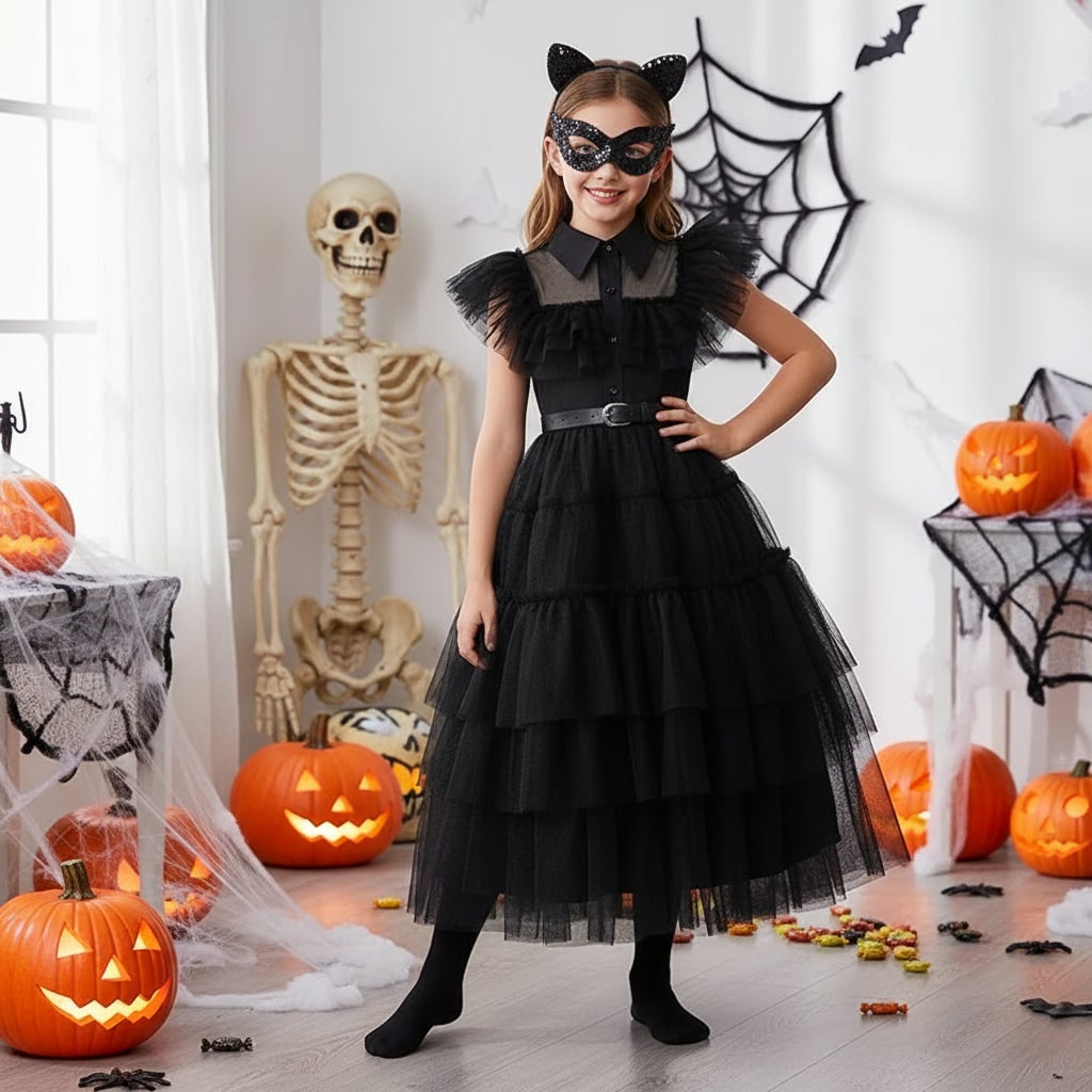 Girls' Wednesday Halloween Costume with Tiered Tulle Dress and Accessories