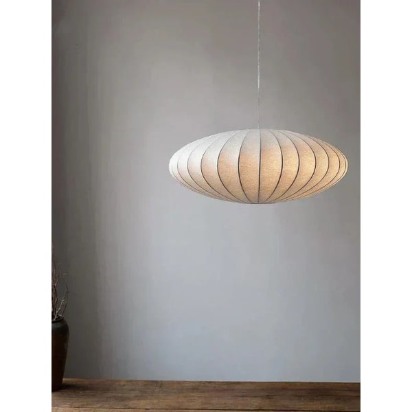 Gold Plated Drum Pendant Light Fixture with Silk Saucer Shade and Mid Century Modern Design