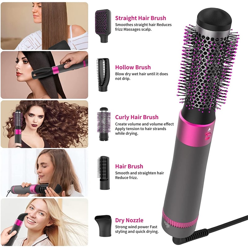 Hair Dryer Brush with 5 Interchangeable Attachments Blow Dry Styling Tool Detangling