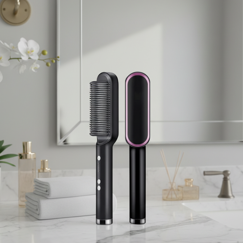 Electric Hair Straightener Brush with Ionic Ceramic Teeth and Temperature Control