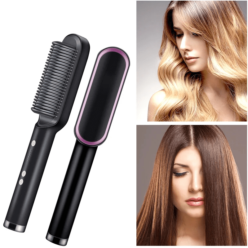 Electric Hair Straightener Brush with Ionic Ceramic Teeth and Temperature Control