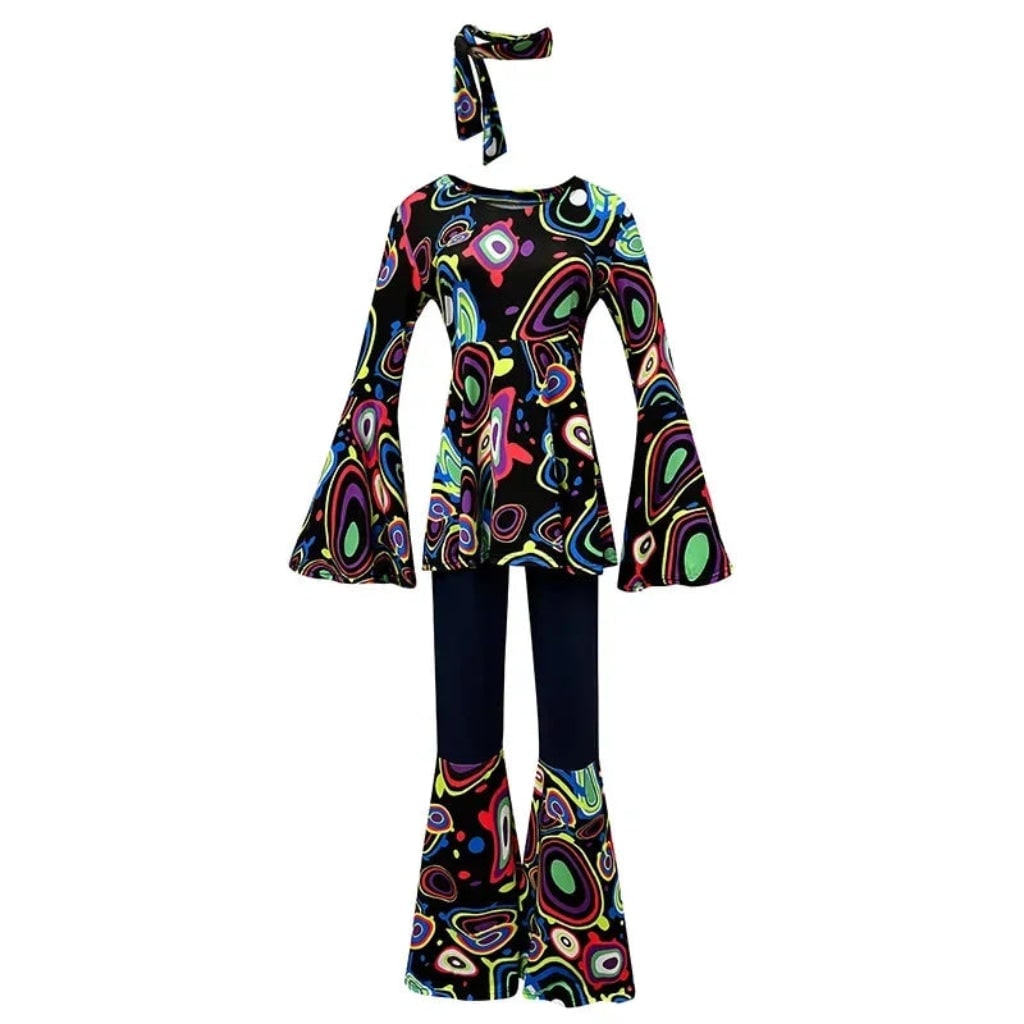 Halloween 70s Costume Hippie Bell Bottom Set with Headband and Psychedelic Print
