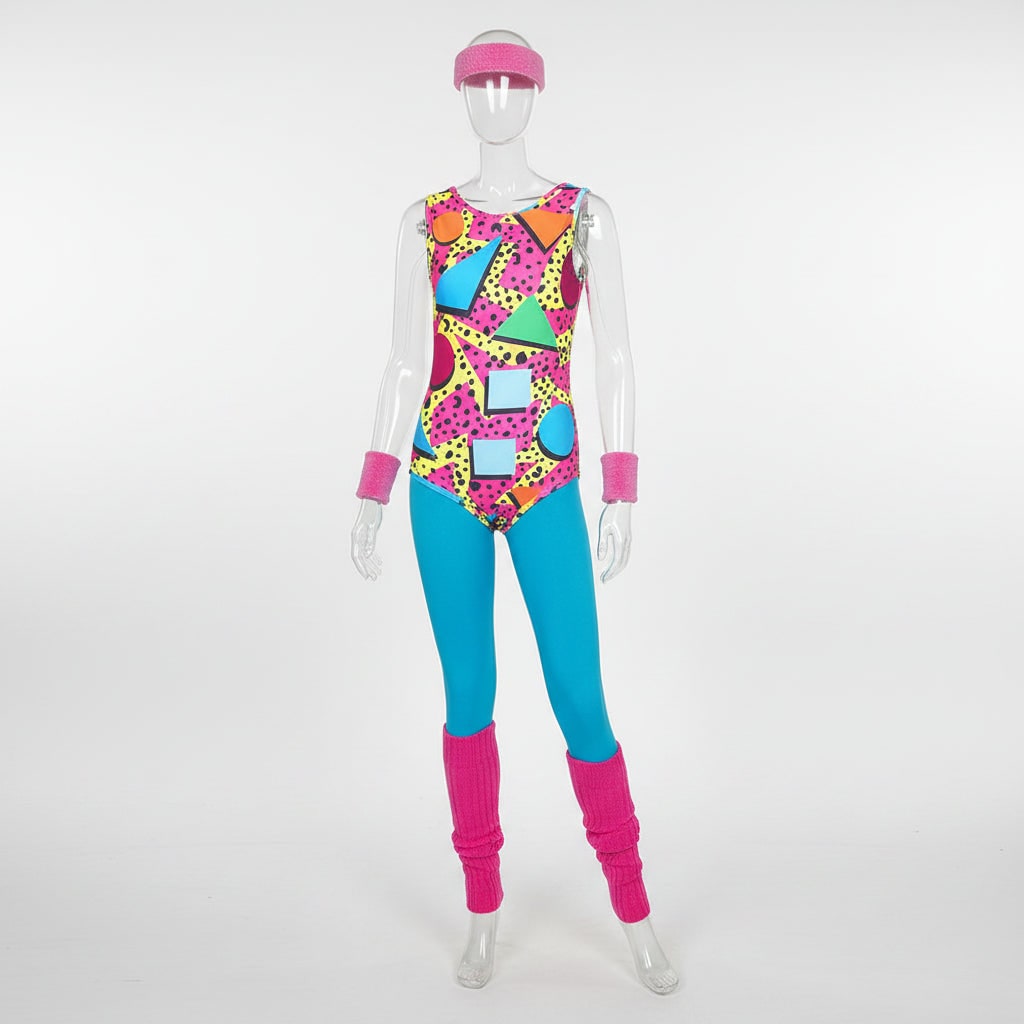 Halloween 80s Costume Party Outfit Workout Aerobics Leotard with Leg Warmers Headband and Wristbands
