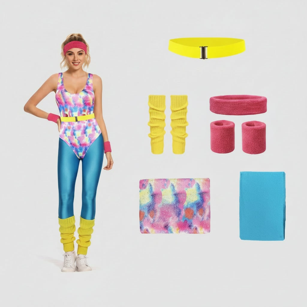 Halloween 80s Costume Party Outfit Workout Aerobics Leotard with Leg Warmers Headband and Wristbands