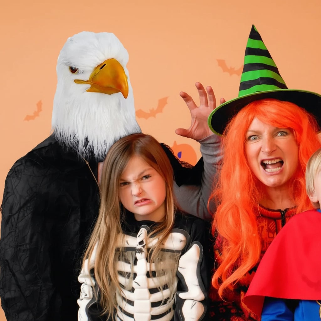 Halloween Animal Head Mask with Bald Eagle Design White Faux Fur and Yellow Beak for Party Costume