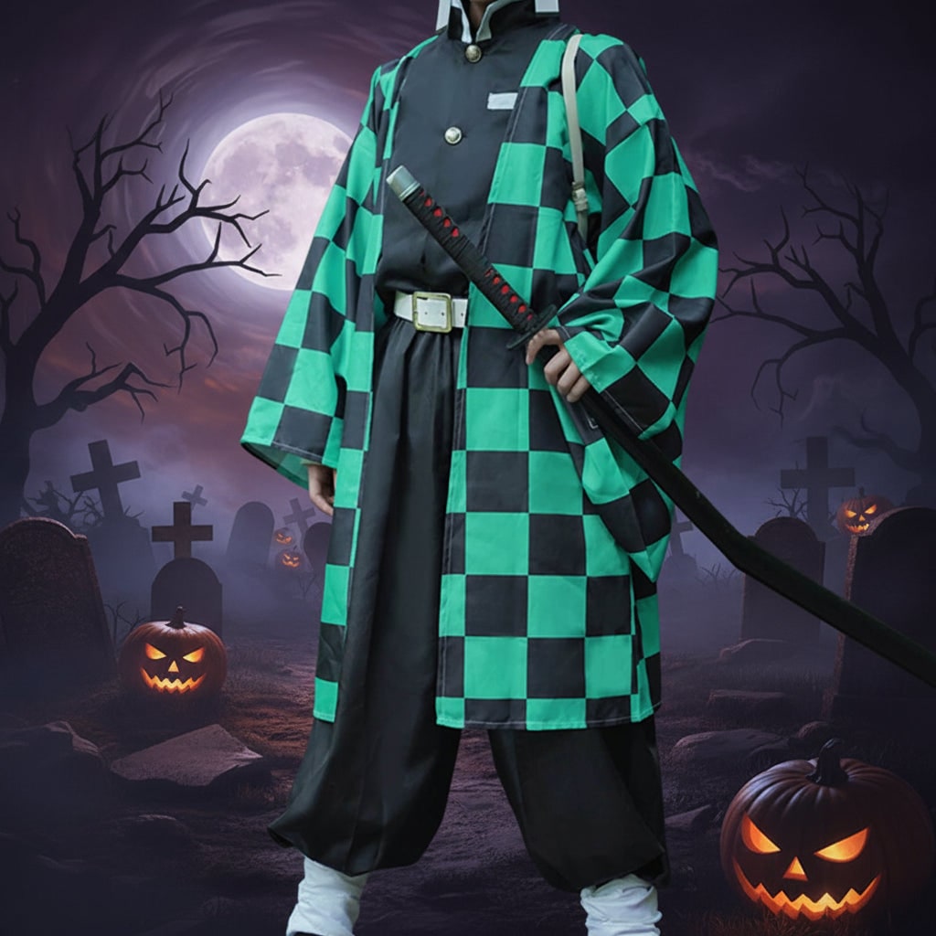 Halloween Anime Cosplay Costume and Outfits with Checkered Haori Coat and Character