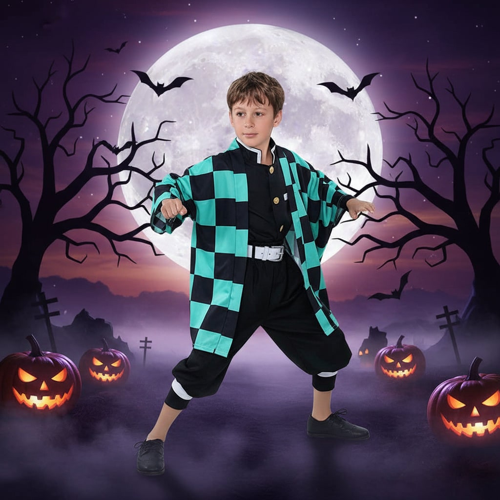 Halloween Anime Cosplay Costume and Outfits with Checkered Haori Coat and Character