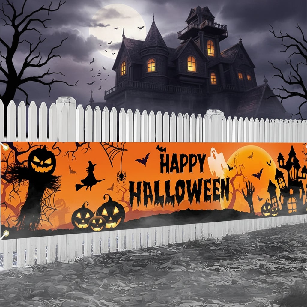 Halloween Banner Large Outdoor Decoration with Pumpkins Witch and Bats for Yard