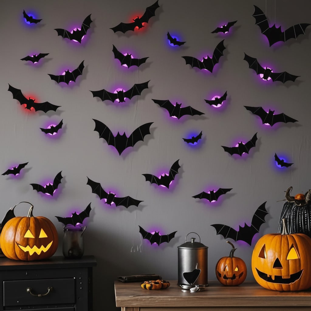 Halloween Bat Wall Decals with LED Lights Peel and Stick Decorative for Indoor Outdoor Decoration