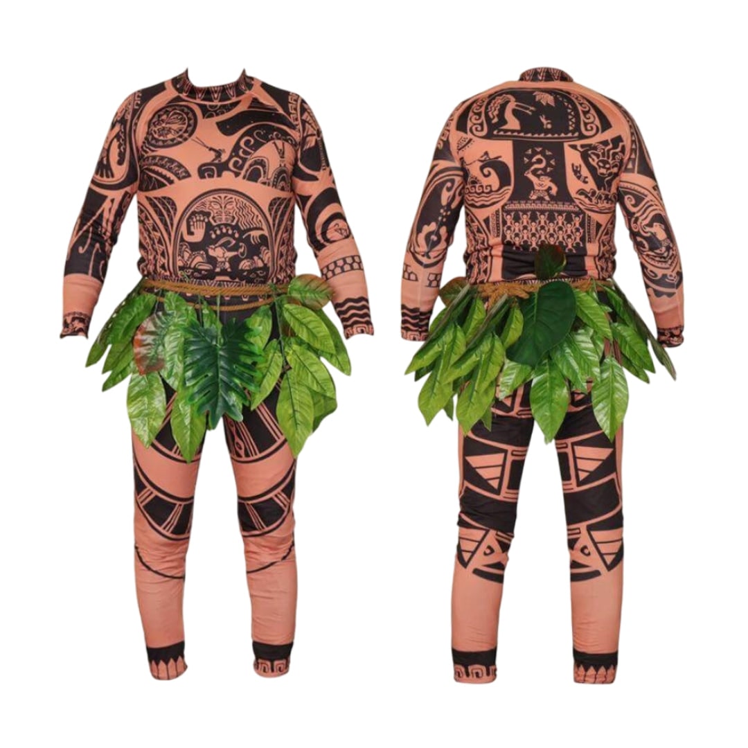 Halloween Bodysuit Costume with Tattoo Print and Faux Leaf Skirt Maui