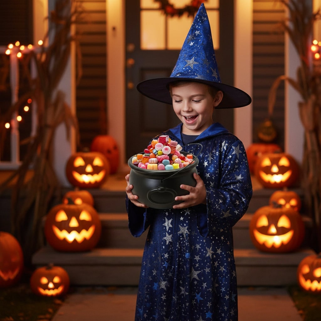 Halloween Cauldron Decoration with Wire Handle for Trick or Treat Party Display