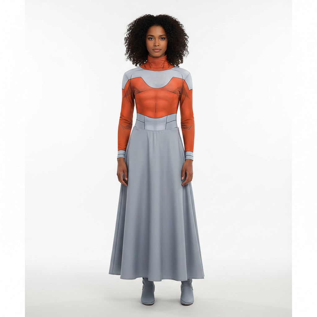 Halloween Cosplay Costume Set with Sci-Fi Armor Print Skirt and Cape