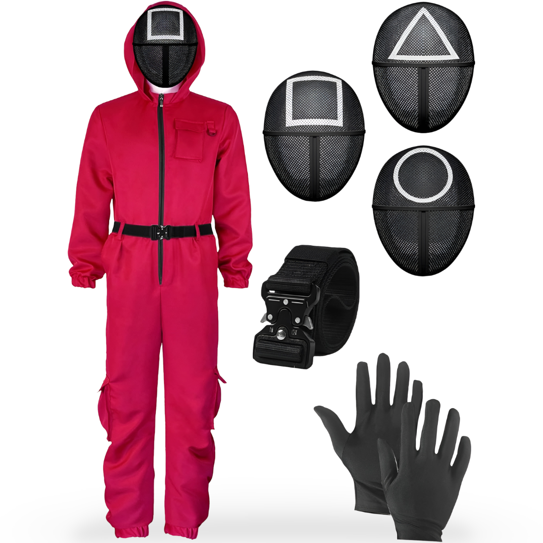 Halloween Costume Red Jumpsuit with Hooded and Belt for Cosplay Party Dress-Up