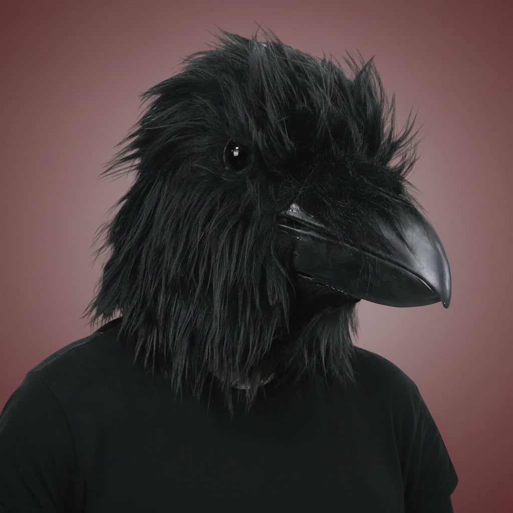 Halloween Crow Mask with Creepy Black Faux Fur Full Head Costume Venetian Masquerade