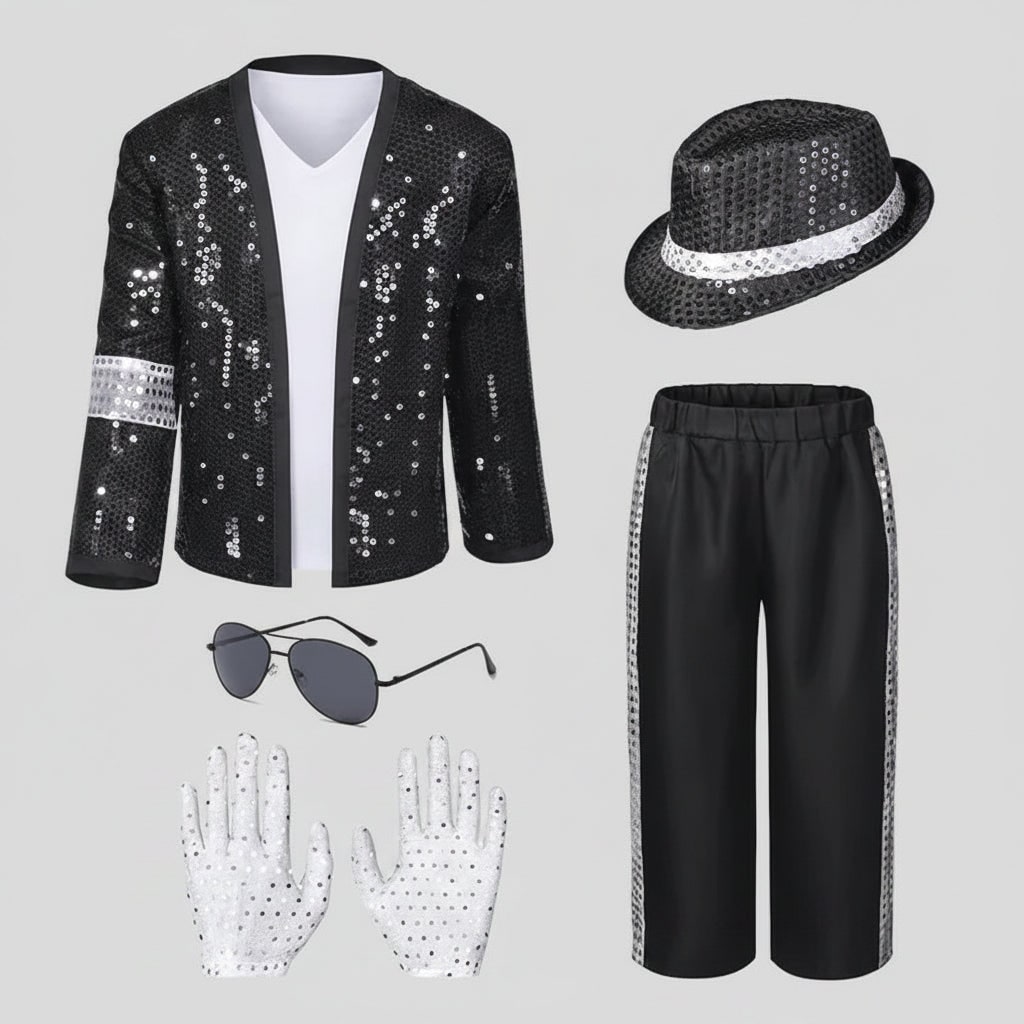 Halloween Dance Costume Michael Jackson Outfit with Sequin Jacket Fedora Hat and Gloves for Party