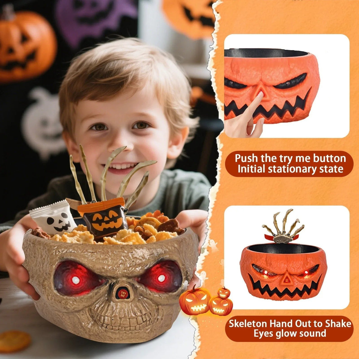 Halloween Decoration Animated Candy Bowl with Motion Sensor LED Eyes and Skeleton Hand for Party
