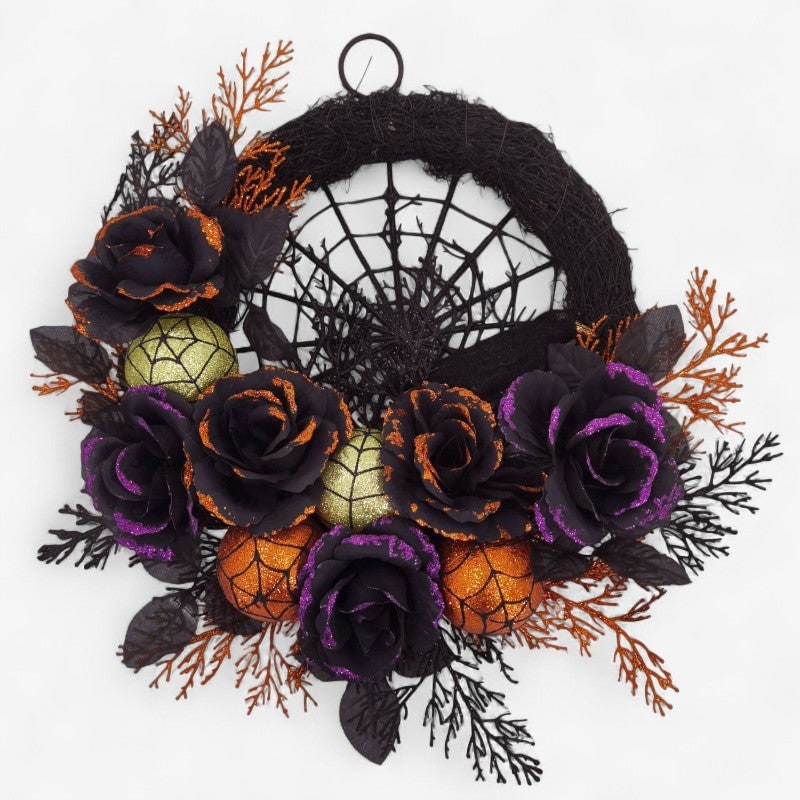 Halloween Door Wreath with Black Roses Spiderweb and Glitter Ornaments for Indoor Decoration
