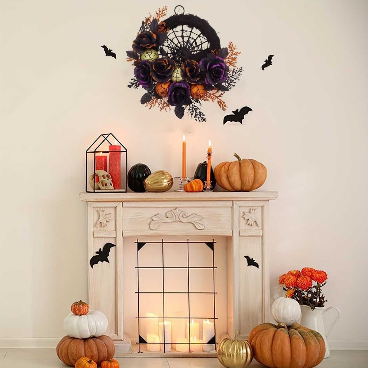 Halloween Door Wreath with Black Roses Spiderweb and Glitter Ornaments for Indoor Decoration
