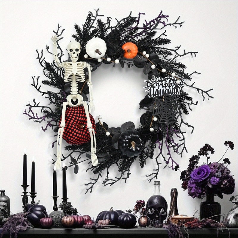 Halloween Door Wreath with Jack O Lantern Pumpkins and Skeleton for Party Decorations