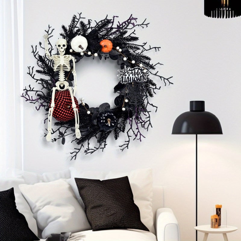 Halloween Door Wreath with Jack O Lantern Pumpkins and Skeleton for Party Decorations