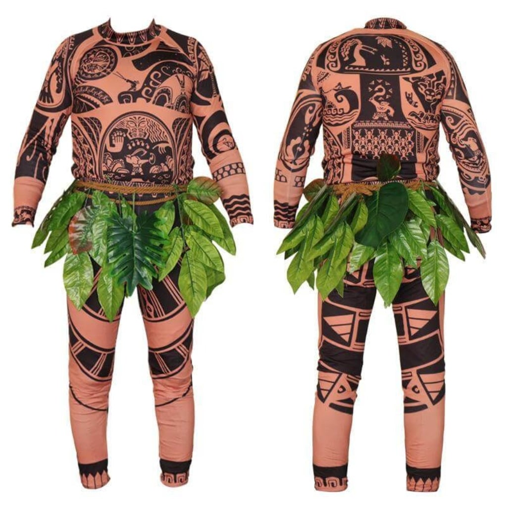 Halloween Full Body Spandex Bodysuit Costume with Tribal Tattoo Print and Leaf Skirt