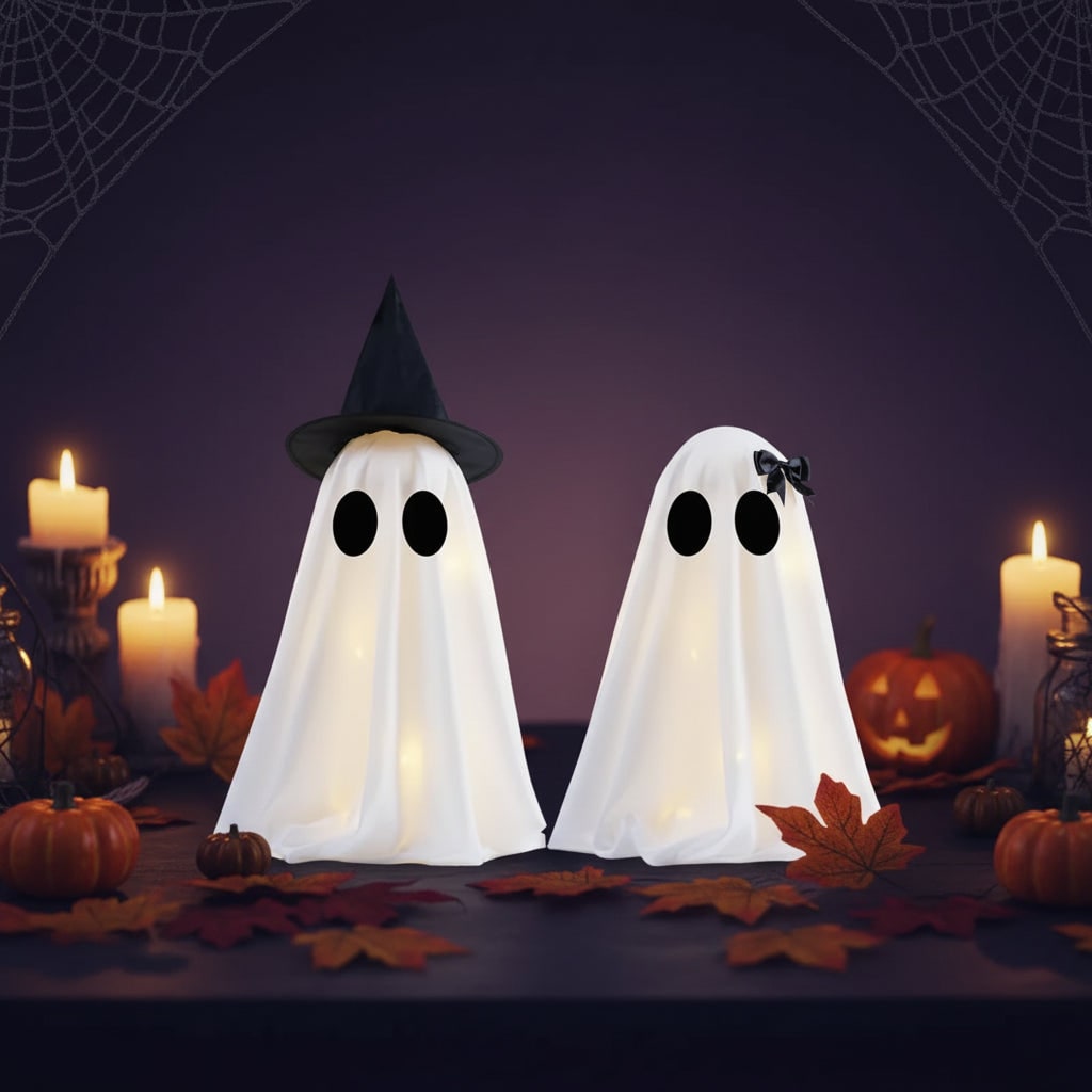 Halloween Ghost Decorations with Warm White LED Lights Set of Two Up for Tabletop Party Decor