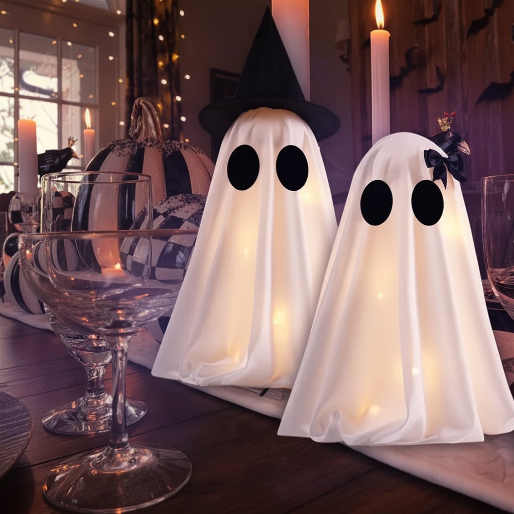 Halloween Ghost Decorations with Warm White LED Lights Set of Two Up for Tabletop Party Decor
