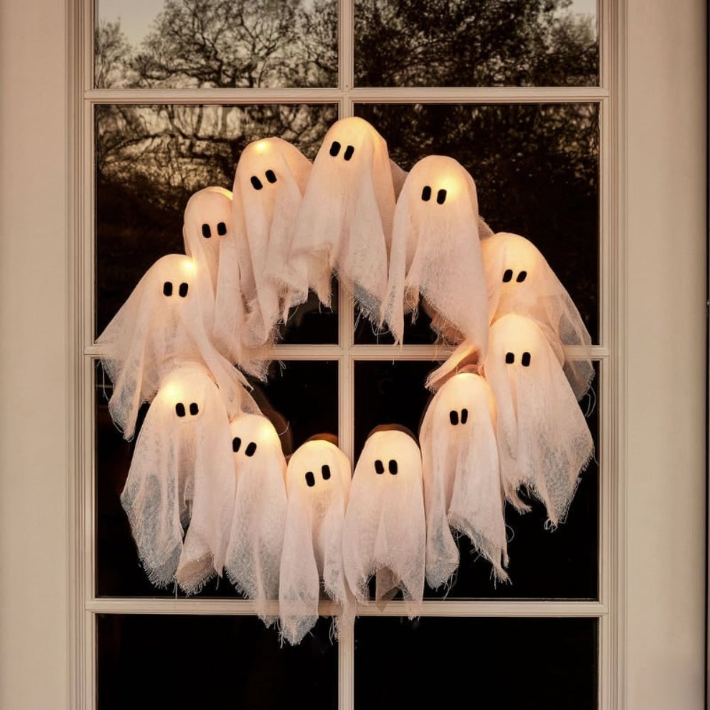 Halloween Ghost Wreath with LED Lights Black Gauze Door for Outdoor Decoration