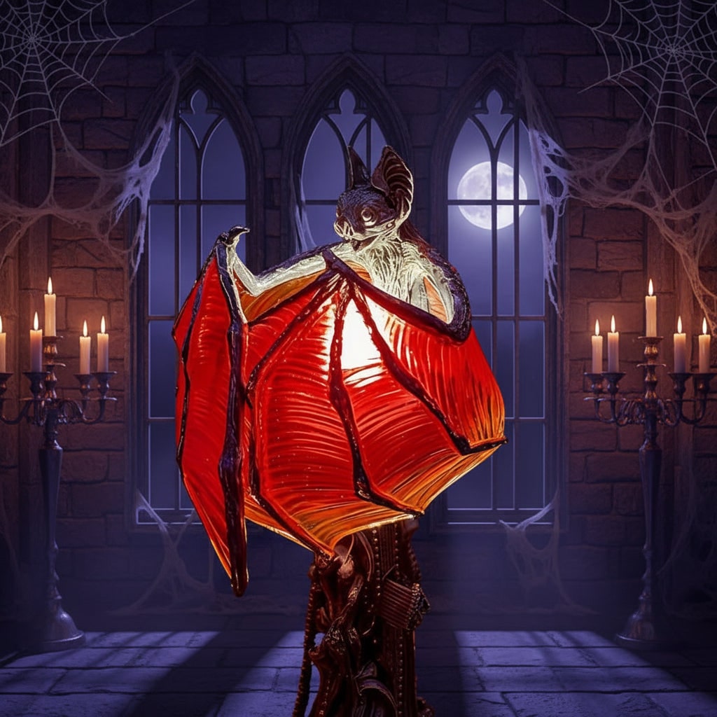 Halloween Gothic Bat Table Lamp with Battery Powered LED Light and Translucent Red Wings