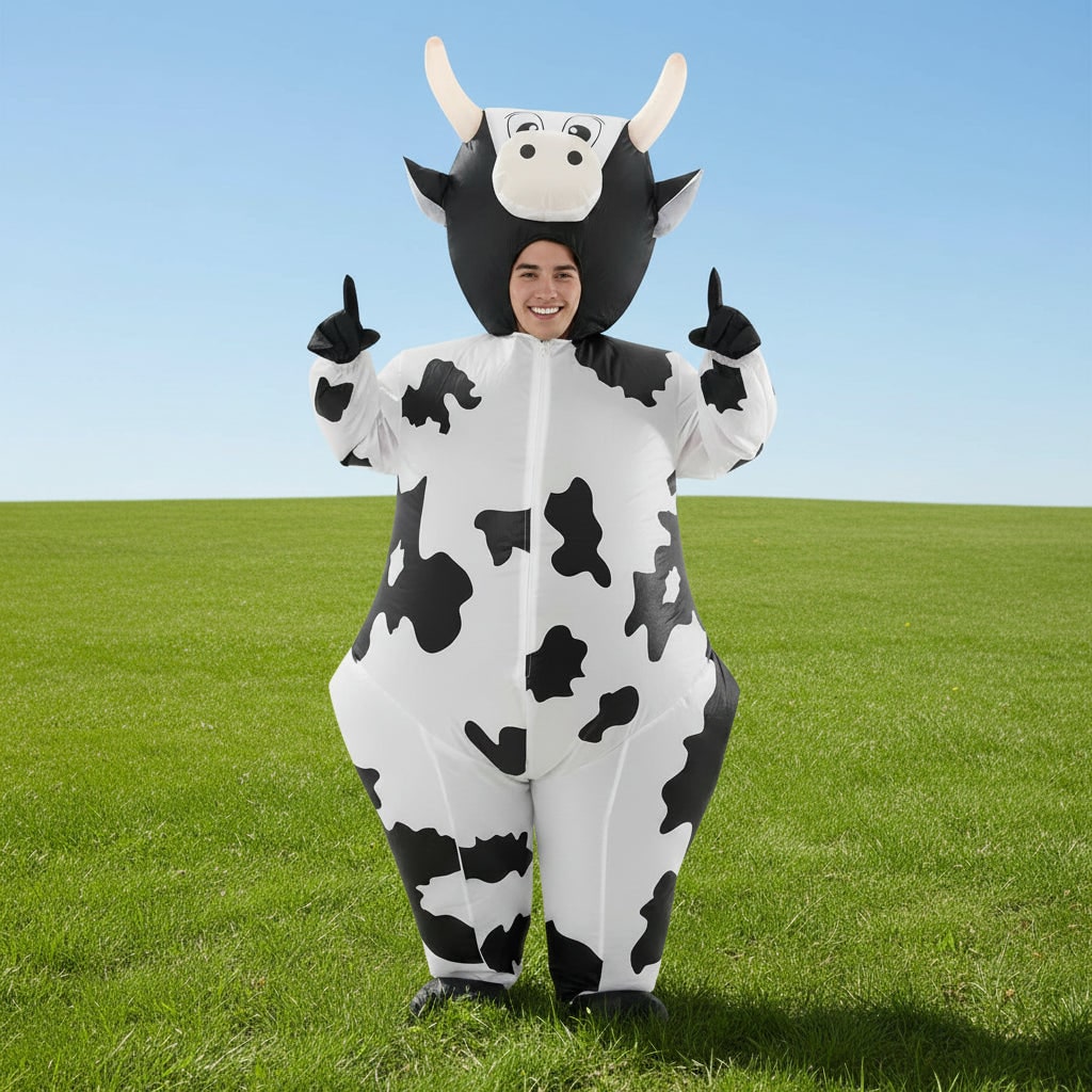 Halloween Inflatable Cow Costume with Open Face Hood and Hoof Covers Funny Animal