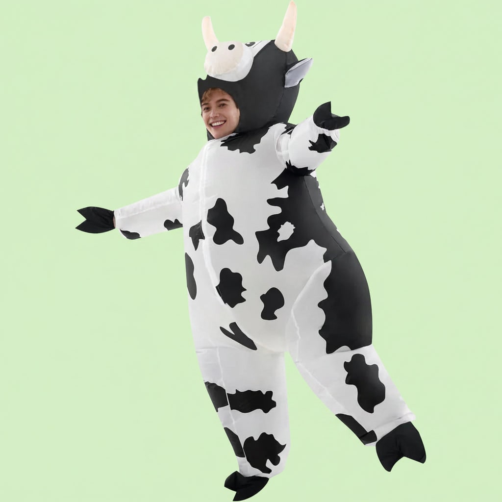 Halloween Inflatable Cow Costume with Open Face Hood and Hoof Covers Funny Animal