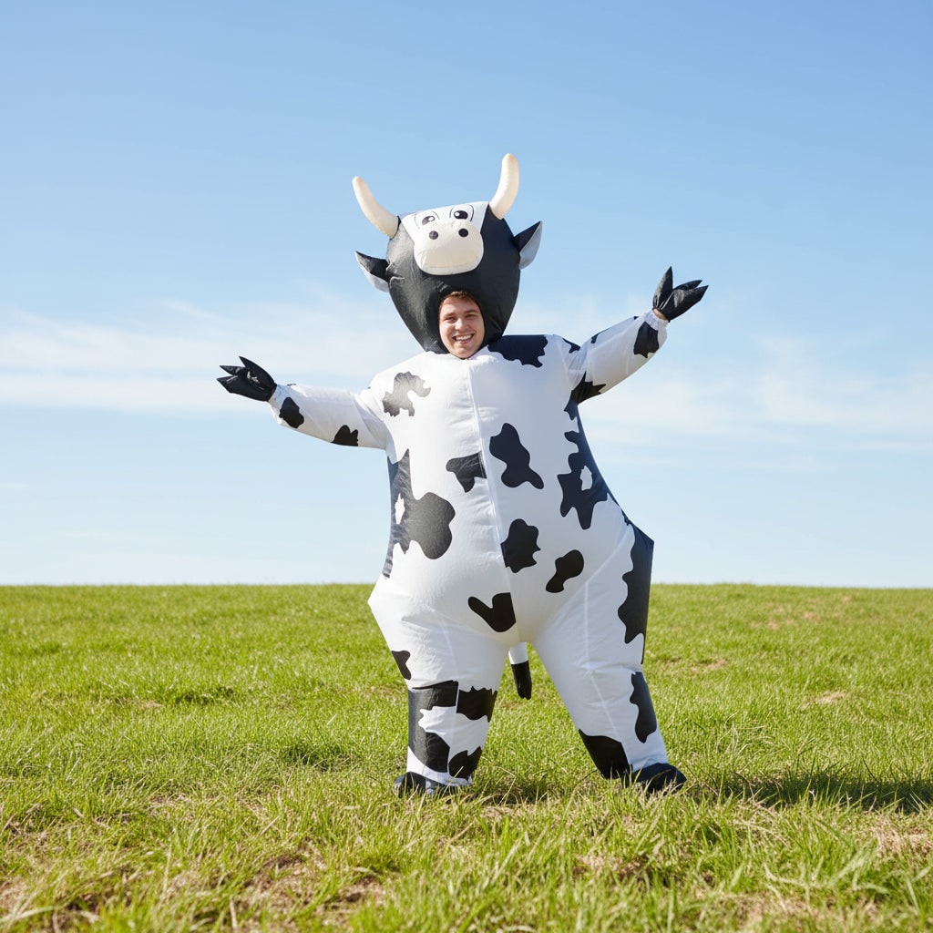 Halloween Inflatable Cow Costume with Open Face Hood and Hoof Covers Funny Animal