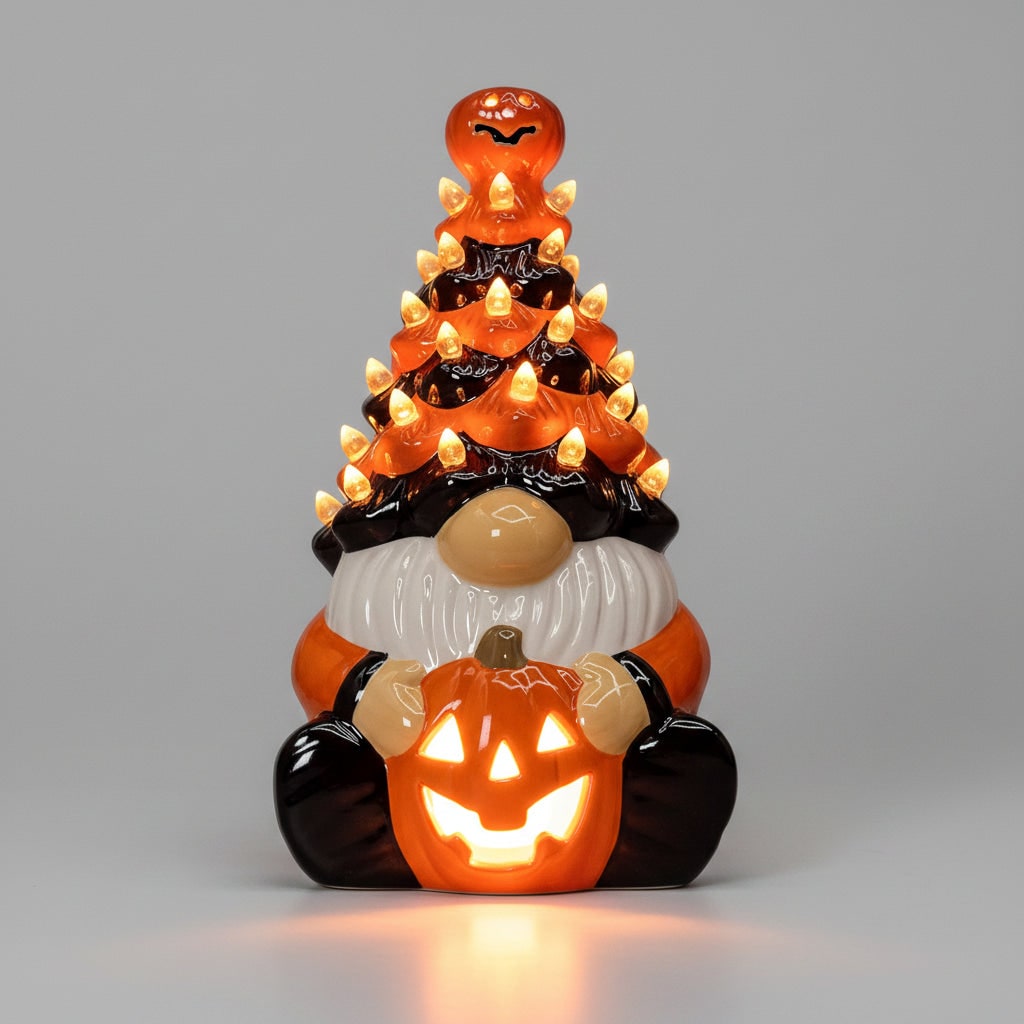 Halloween Jack O Lantern Ceramic Gnome Light-Up Figurine with Pumpkin for Party Decorations
