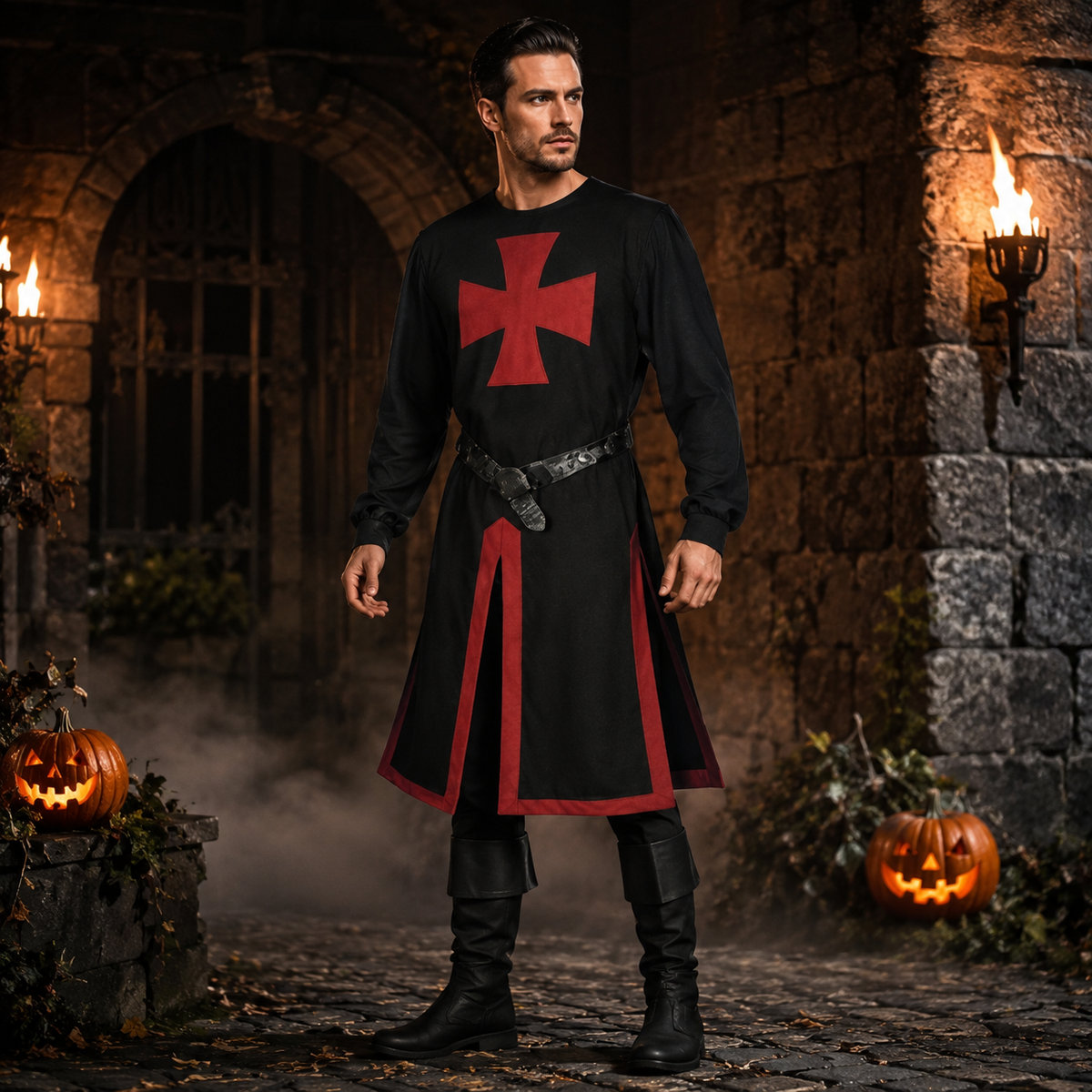 Halloween Medieval Knight Costume Templar Crusader Tunic with Contrasting Trim and Split Hem Panels