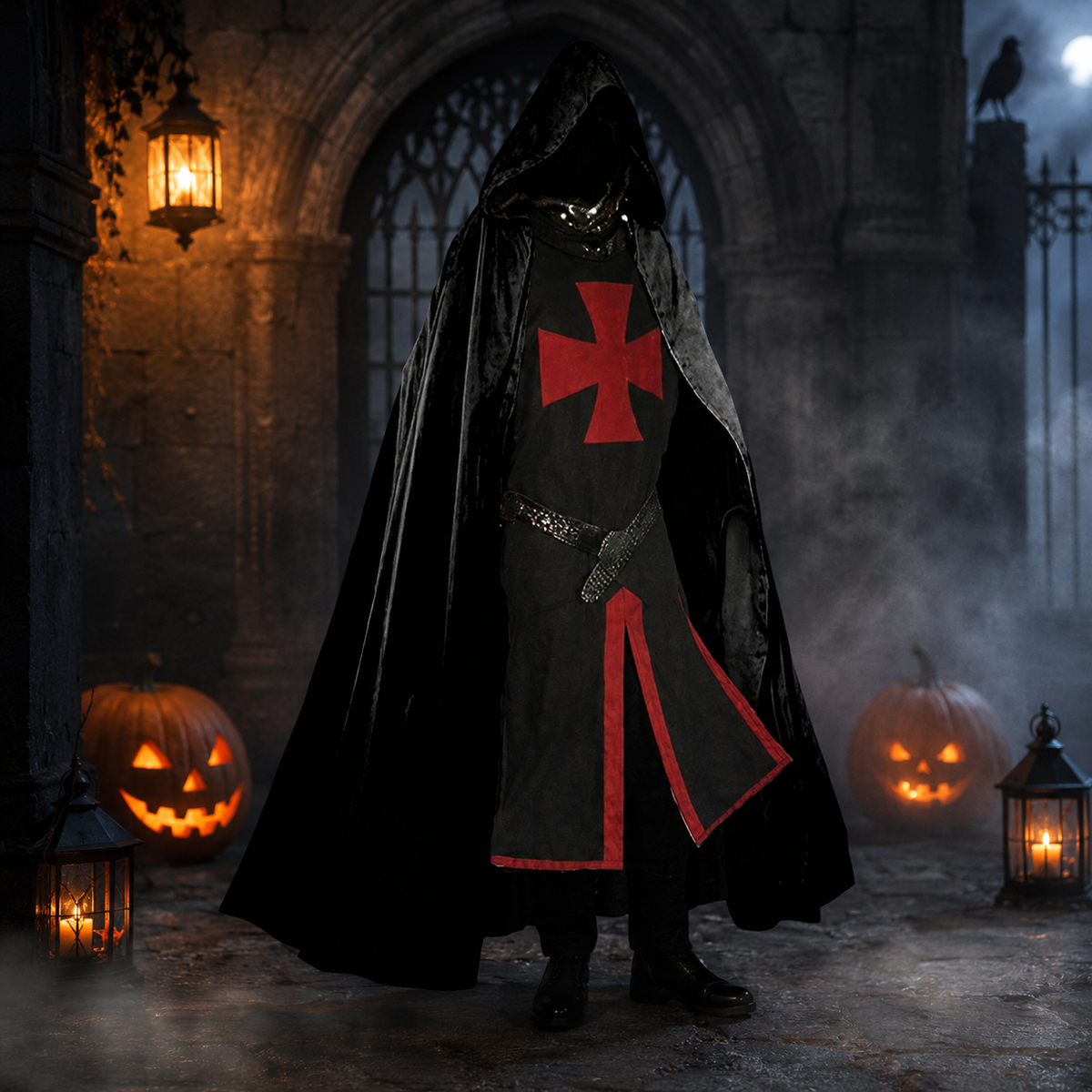 Halloween Medieval Knight Costume Templar Crusader Tunic with Contrasting Trim and Split Hem Panels