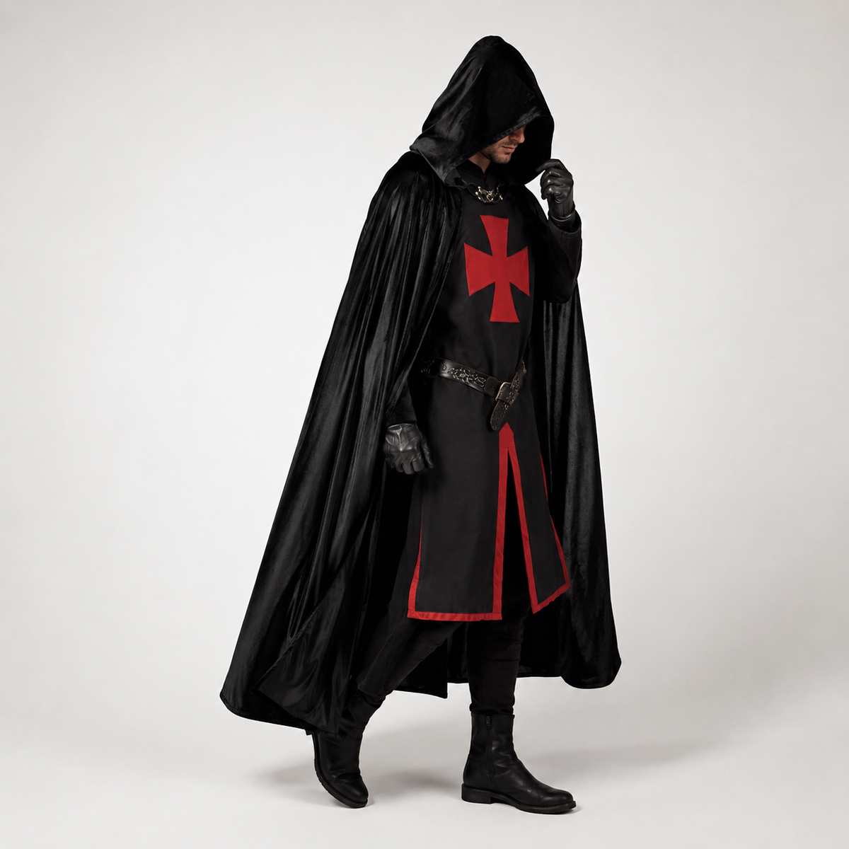 Halloween Medieval Knight Costume Tunic with Hooded and Templar Cross for Cosplay Party