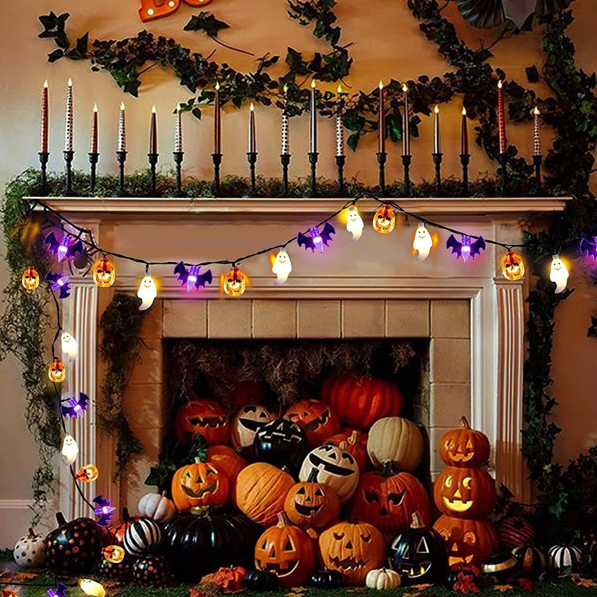 Halloween Outdoor String Lights with LED and Bat Figures Battery Operated for Patio Party Decoration