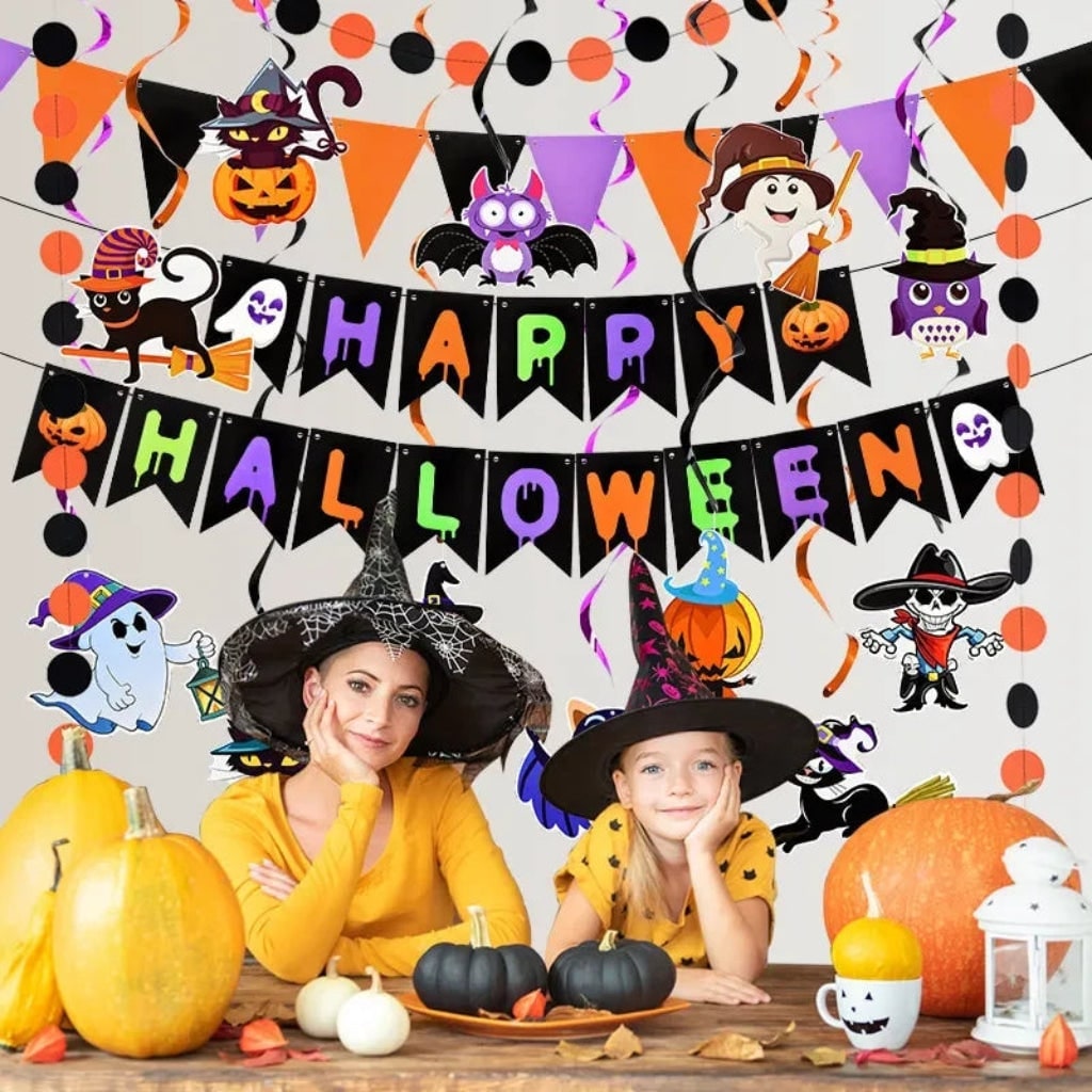 Halloween Party Decorations Banner Kit with Hanging Swirls and Outdoor Wall Decor