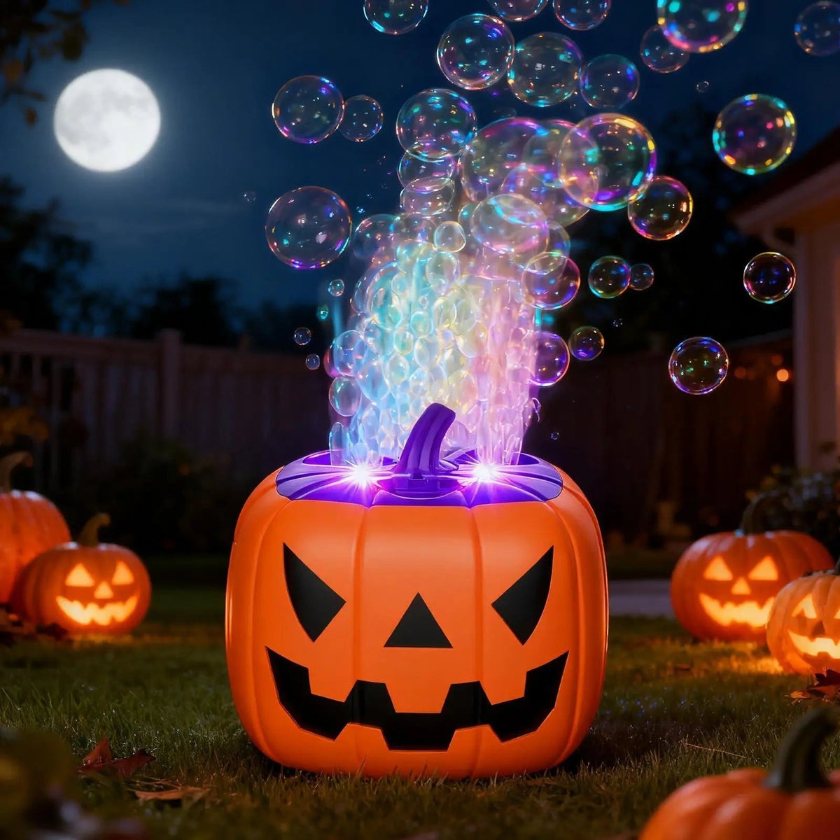 Halloween Pumpkin Bubble Machine with LED Lights and Automatic Blower for Party Outdoor Decoration