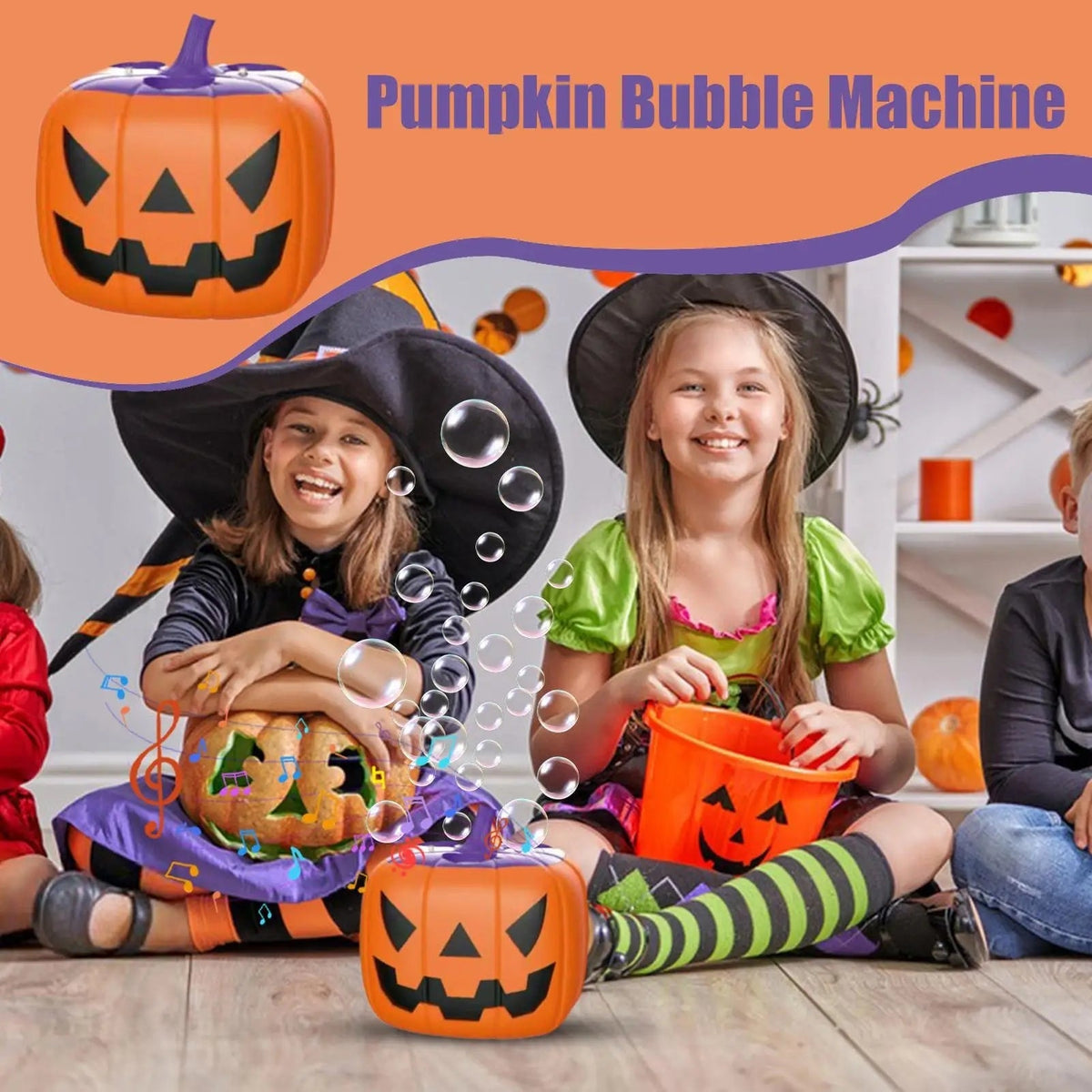 Halloween Pumpkin Bubble Machine with LED Lights and Automatic Blower for Party Outdoor Decoration