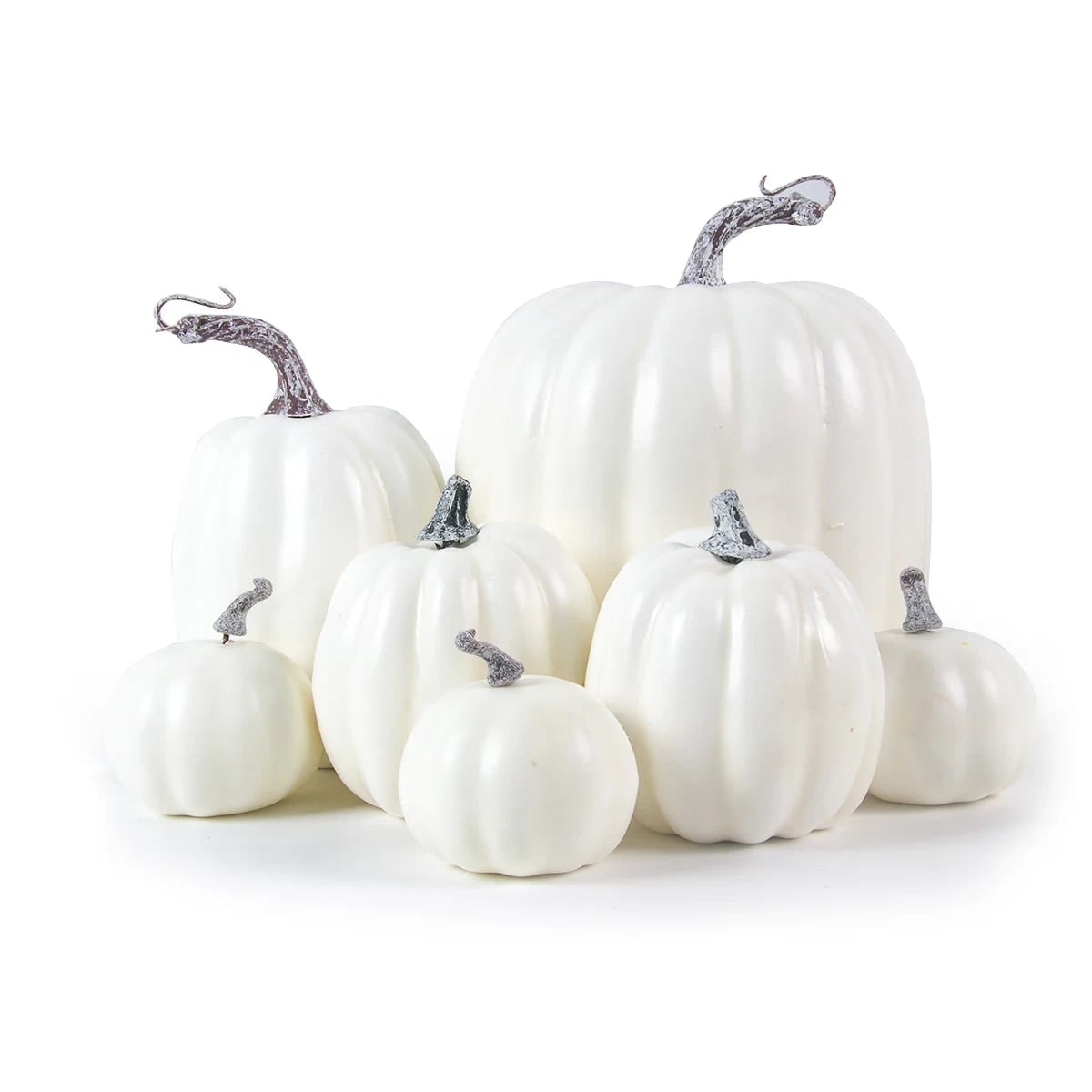 Halloween Pumpkins Fall Decorative Foam with Ribbed Texture and Curved Stems Set of 7